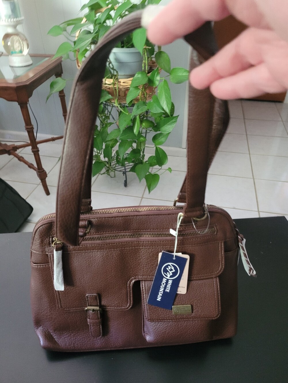 White Mountain Chocolate Brown Pebbled Leather Satchel Handbag